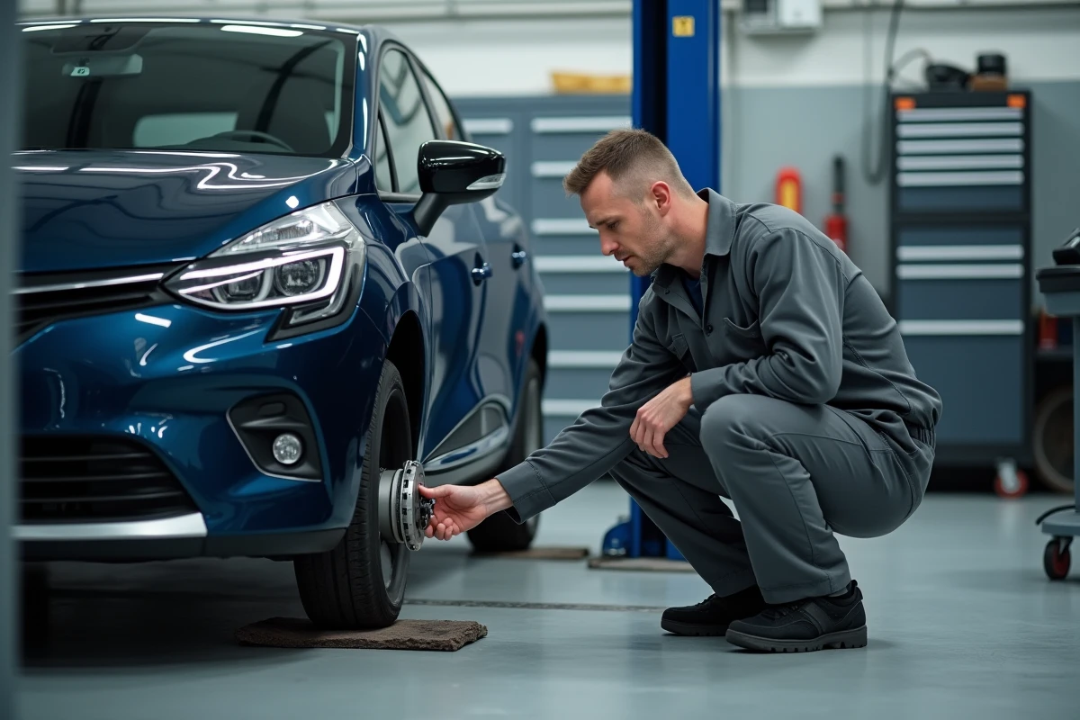 Technicien effectuant un contrôle technique sur une voiture bleue dans un centre agréé français