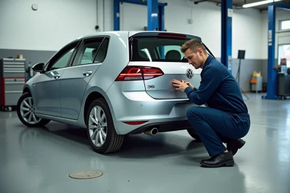 Technicien automobile examinant la plaque constructeur d'une Volkswagen Golf 7 dans un centre de contrôle technique