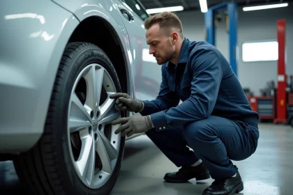 Technicien automobile inspectant une covering de jante dans un atelier professionnel