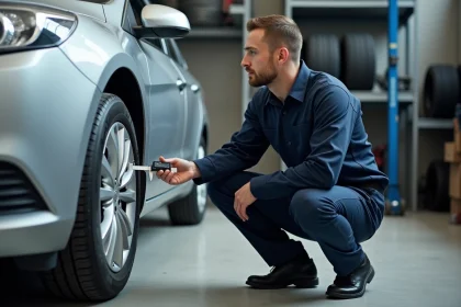 Technicien automobile vérifiant la compatibilité d'un pneu et d'une jante en alliage dans un garage professionnel