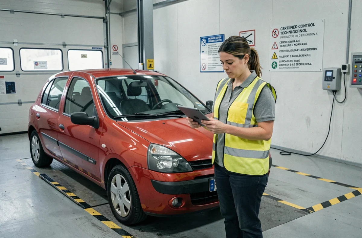 Technicienne de contrôle technique inspectant une Renault Clio II dans un centre de contrôle technique agréé