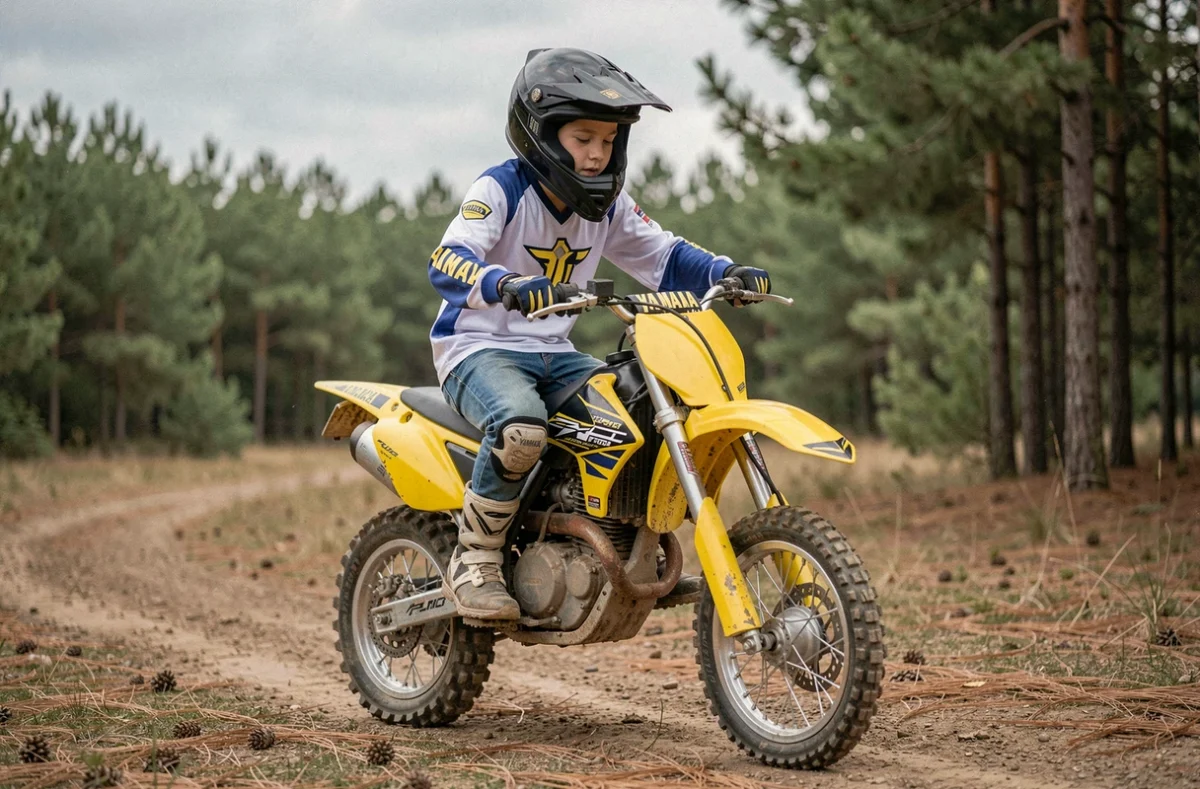 Adolescent testant la souplesse moteur d'un Yamaha Piwi 80 sur un chemin forestier en dirt bike