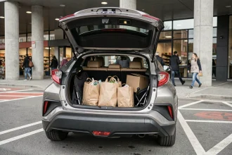 Coffre du Toyota C-HR ouvert dans un parking urbain avec des courses et une poussette à l'intérieur