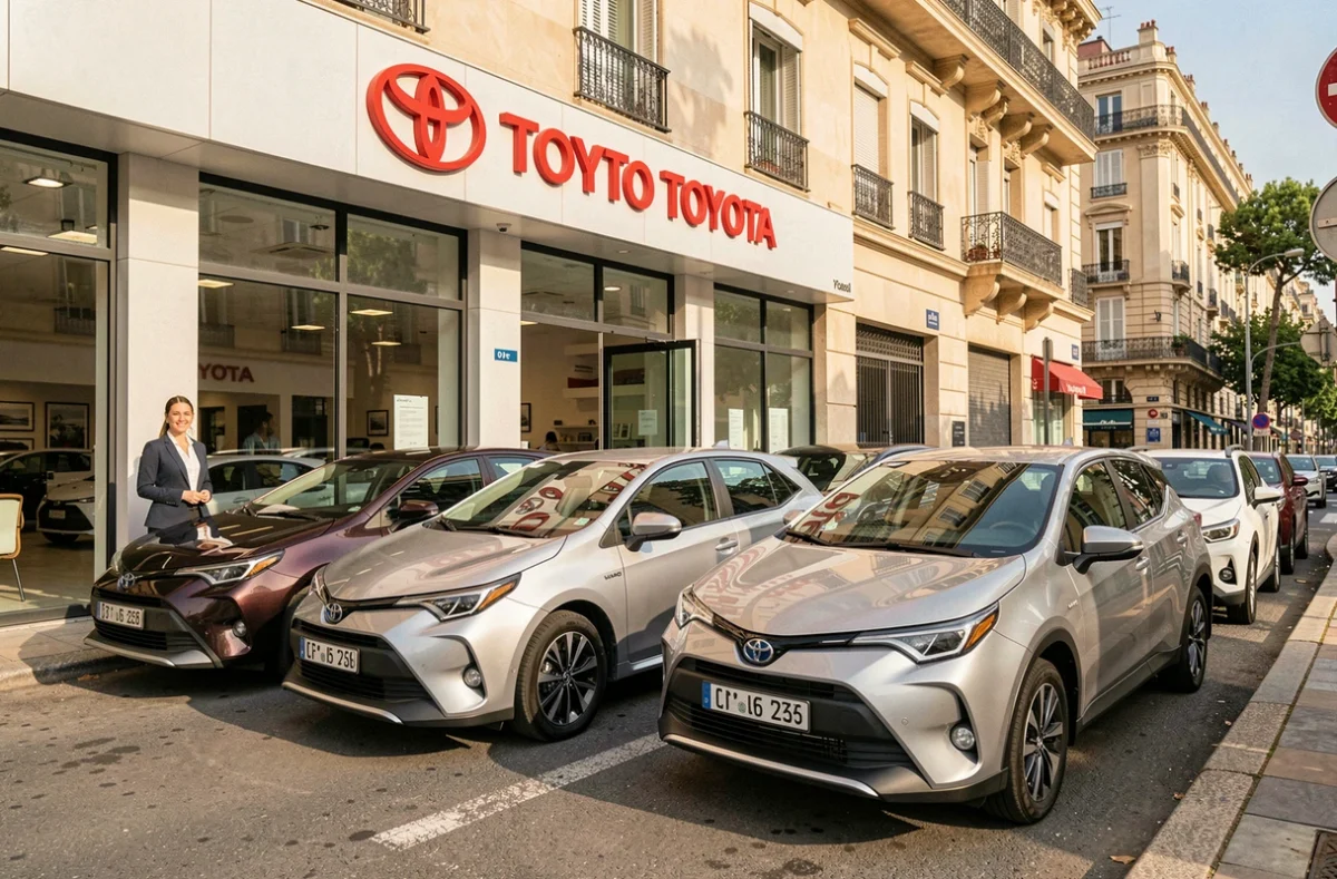 Façade de la concession Toyota Marseille avec des véhicules d'occasion certifiés garés devant