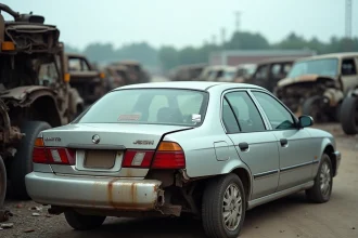 Véhicule accidenté dans un centre de recyclage automobile agréé, entouré de carcasses de voitures en attente de démantèlement