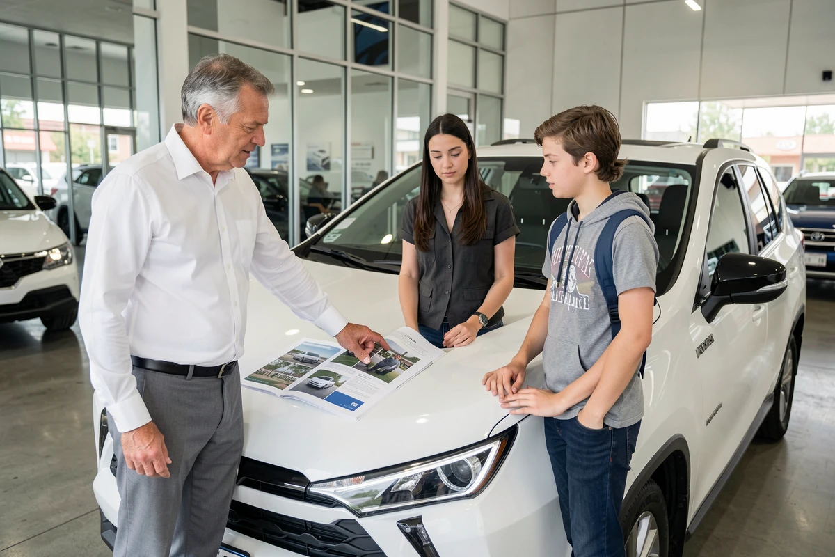Vendeur Toyota expliquant les différences de modèles SUV à un couple dans une salle d'exposition, autour d'une brochure posée sur le capot