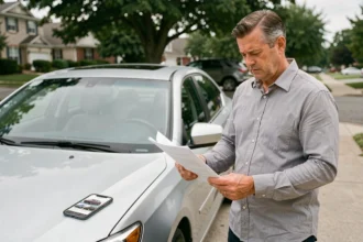 Vendeur particulier consultant une annonce de voiture d'occasion sur son smartphone dans une allée résidentielle, illustrant les erreurs courantes de vente entre particuliers