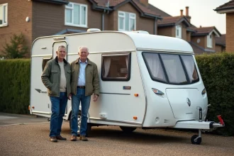Couple de particuliers vendant une caravane d'occasion blanche dans une allée résidentielle