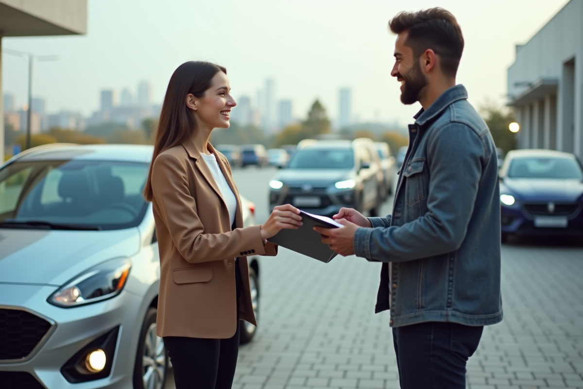 Femme remettant un dossier à un acheteur devant une voiture