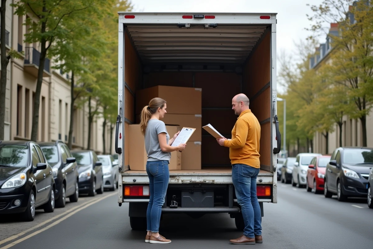 Un couple vérifiant l'état intérieur d'un camion de déménagement Super U avec un formulaire d'état des lieux