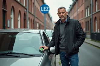 Homme inspectant la vignette de zone de basses émissions sur le pare-brise de sa voiture garée dans une rue de Bruxelles