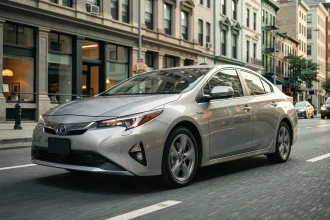 Voiture hybride rechargeable en circulation dans une rue urbaine animée