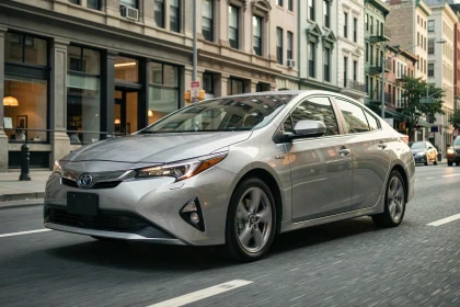 Voiture hybride rechargeable en circulation dans une rue urbaine animée