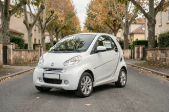 Voiture sans permis essence blanche garée dans une rue résidentielle française en automne