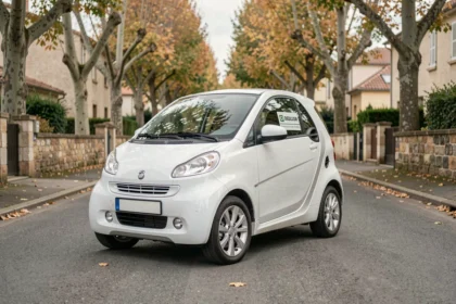 Voiture sans permis essence blanche garée dans une rue résidentielle française en automne