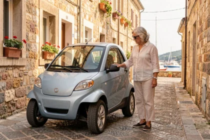 Femme examinant une voiture sans permis d'occasion dans une rue pavée de Bastia