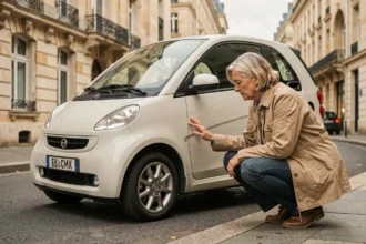 Femme inspectant une voiture sans permis d'occasion dans une rue de Reims