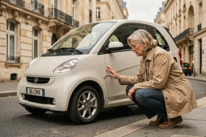 Femme inspectant une voiture sans permis d'occasion dans une rue de Reims