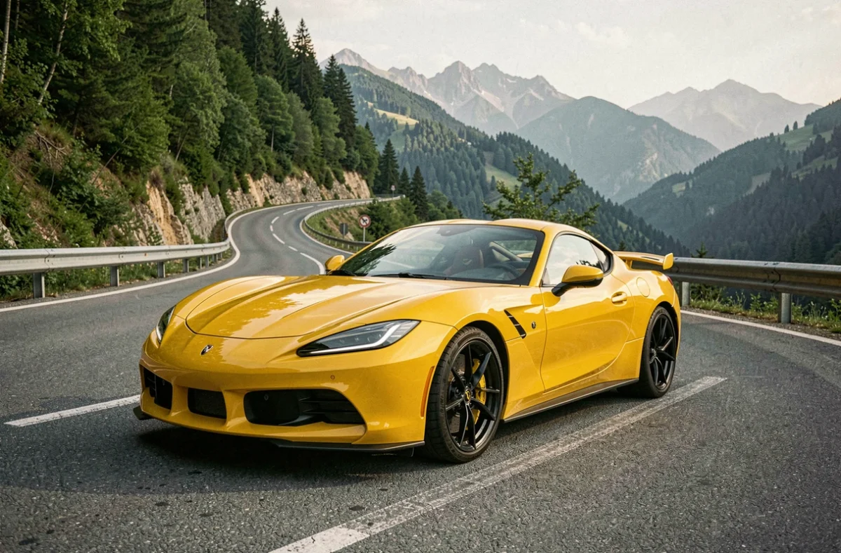 Voiture de sport jaune sur une route de montagne sinueuse symbolisant les risques couverts par une assurance auto sportive coûteuse