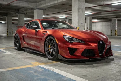 Voiture de sport rouge garée dans un parking souterrain urbain, illustrant les primes d'assurance élevées pour les véhicules sportifs