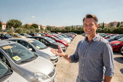 Vue panoramique d'un grand parking de voitures d'occasion dans les Bouches-du-Rhône avec un vendeur professionnel