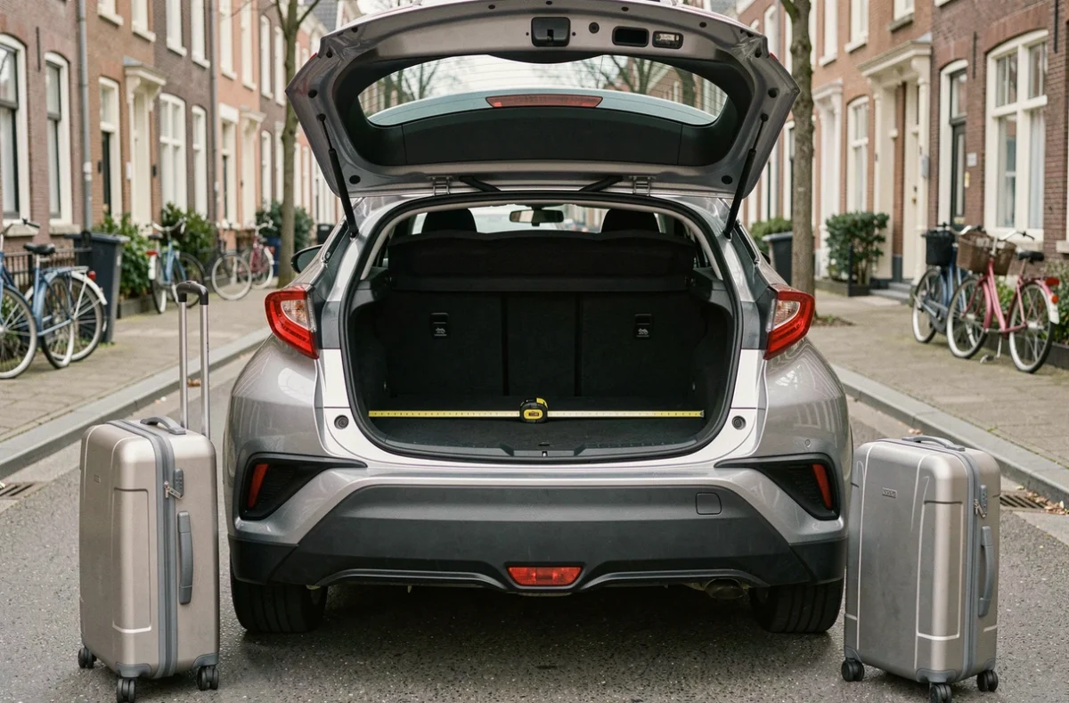 Intérieur du coffre du Toyota C-HR mesuré avec des valises posées à côté pour illustrer le volume disponible