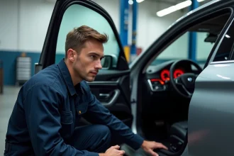 Mécanicien professionnel inspectant les voyants d'alerte airbag, ABS et frein allumés sur le tableau de bord d'une BMW dans un garage automobile