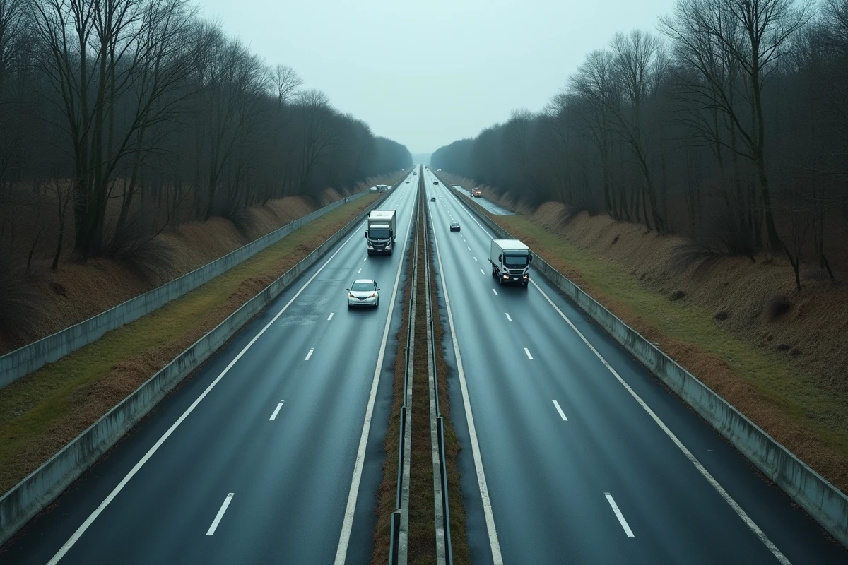 Vue en plongée depuis un pont sur une section d'autoroute gratuite française avec circulation légère